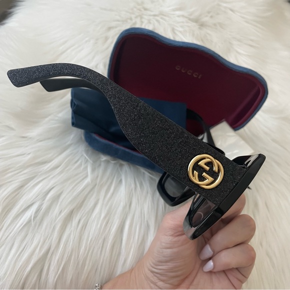 Authentic Gucci Black Glitter GG0102S Large Square Sunglasses w/Velvet Case - Picture 5 of 16